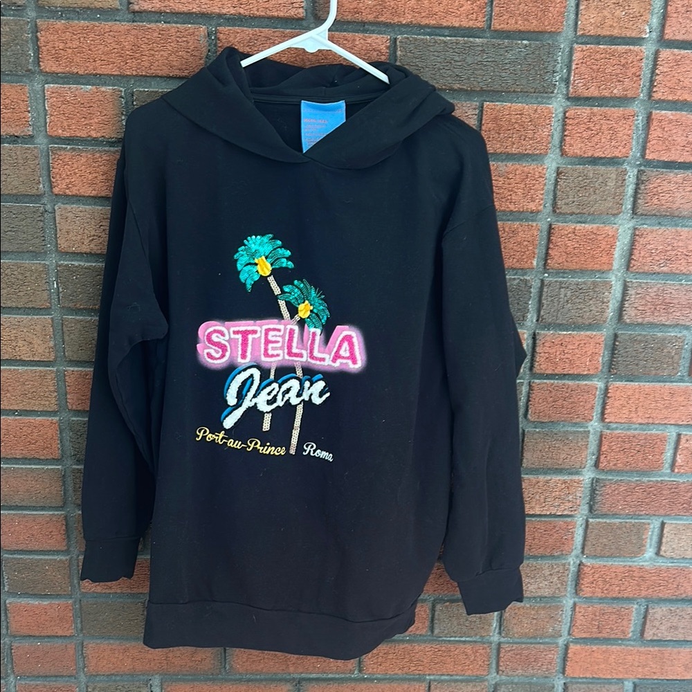 Stellah Black Hoodie with Pink and Teal Embroidery Small